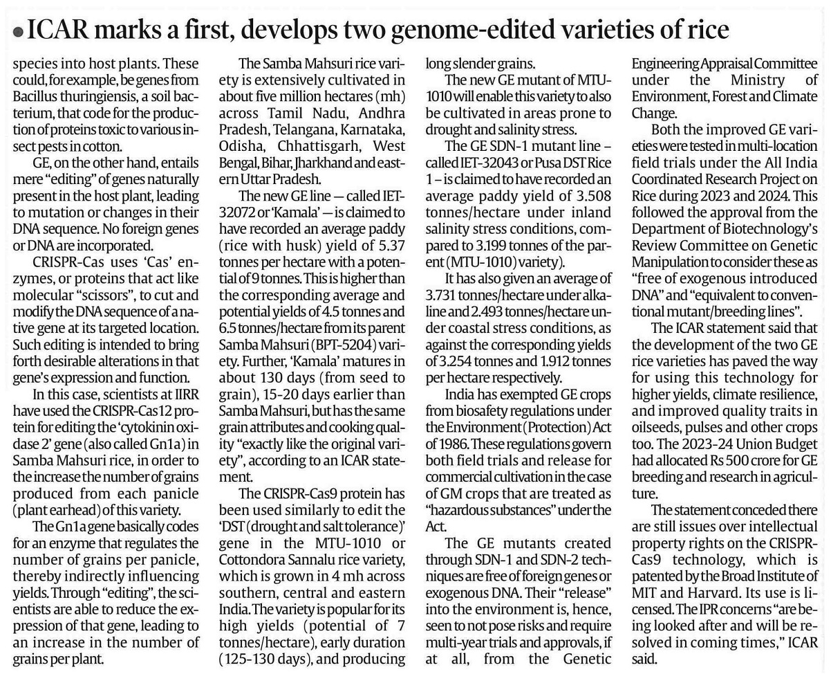 ICAR marks a first, develops two genomeedited varieties of rice