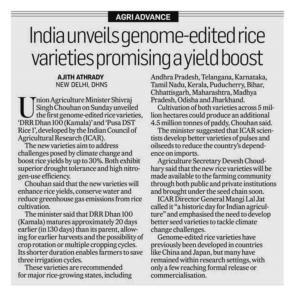 India unveils 'world's first' genome- edited rice varieties