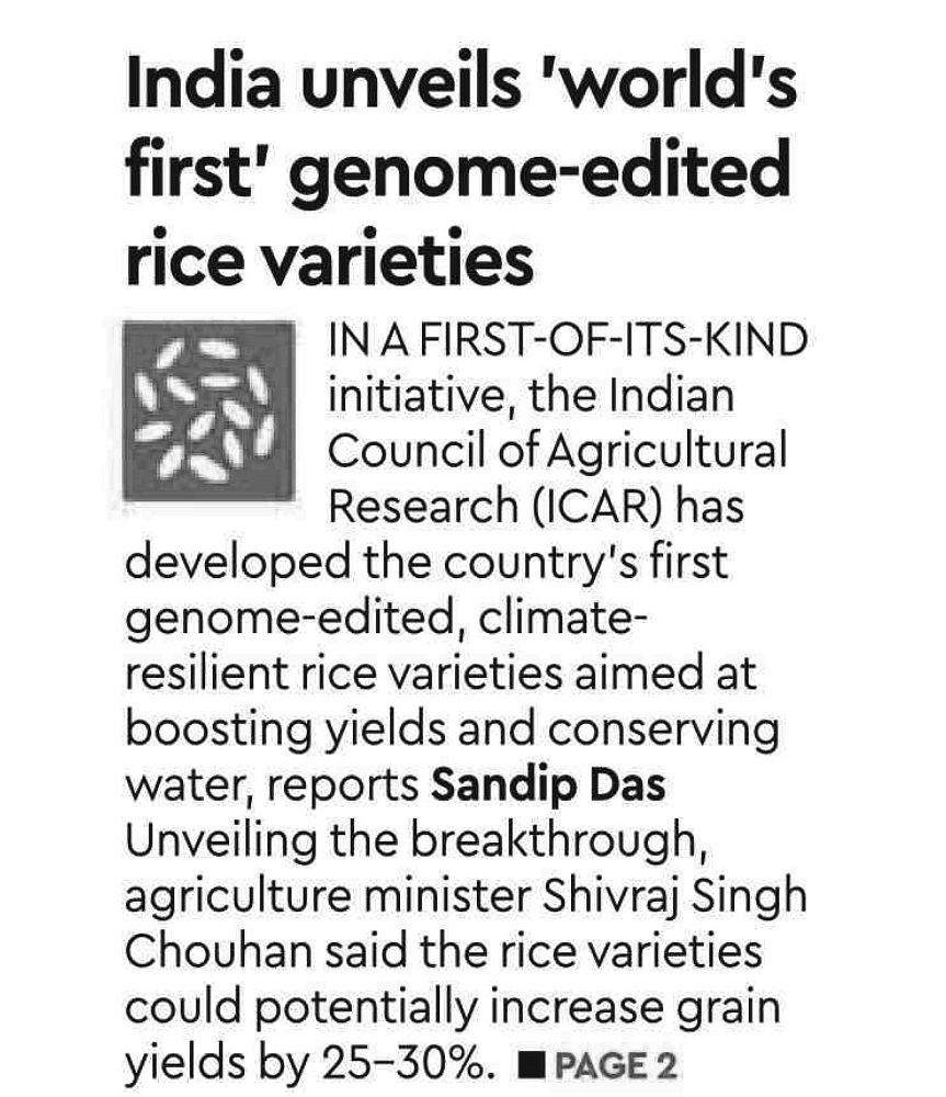 India unveils 'world's first' genome- edited rice varieties