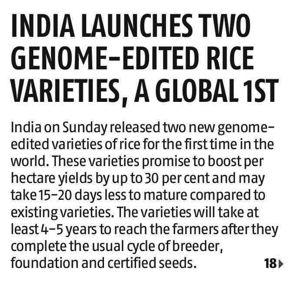 India unveils 'world's first' genome- edited rice varieties