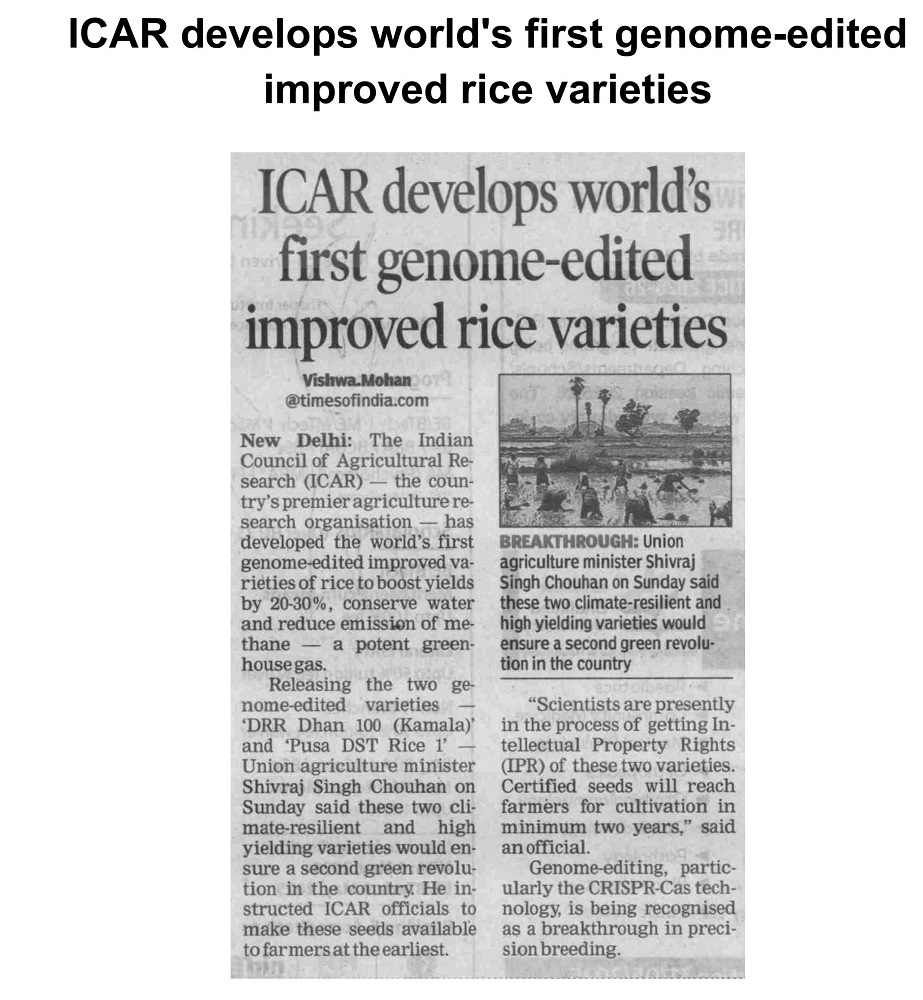 ICAR develops world's first genome- edited improved rice varieties
