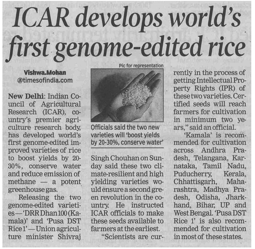 ICAR develops world's first genome- edited rice