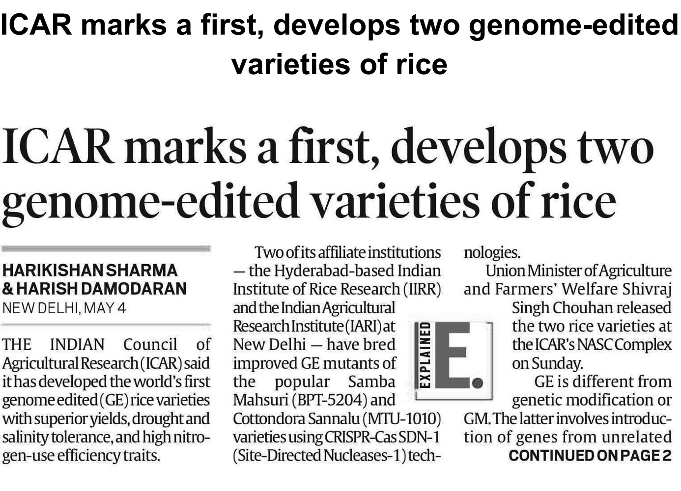 ICAR marks a first, develops two genomeedited varieties of rice