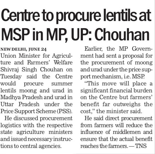 Centre to procure lentils at MSP in MP, UP: Chouhan