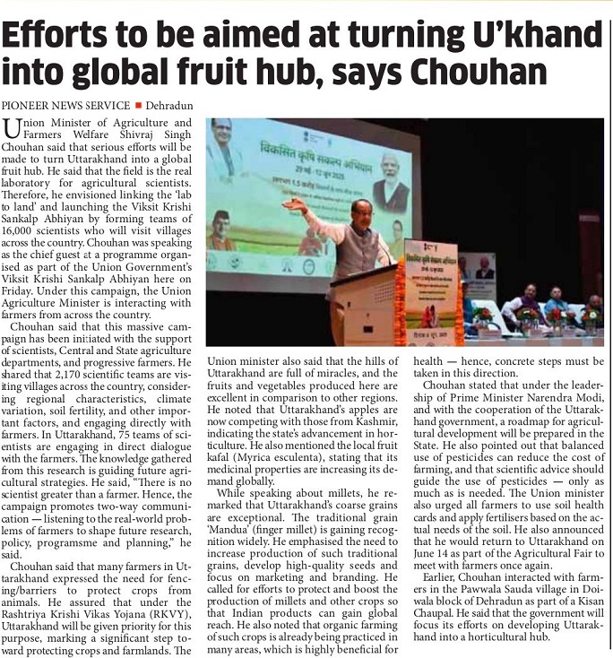 Efforts to be aimed at turning U’khand into global fruit hub, says Chouhan