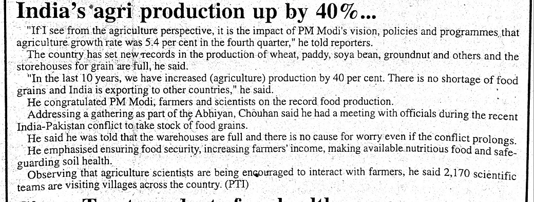 India's agri production up by 40 ℅ in 10 years: Union Min Chouhan