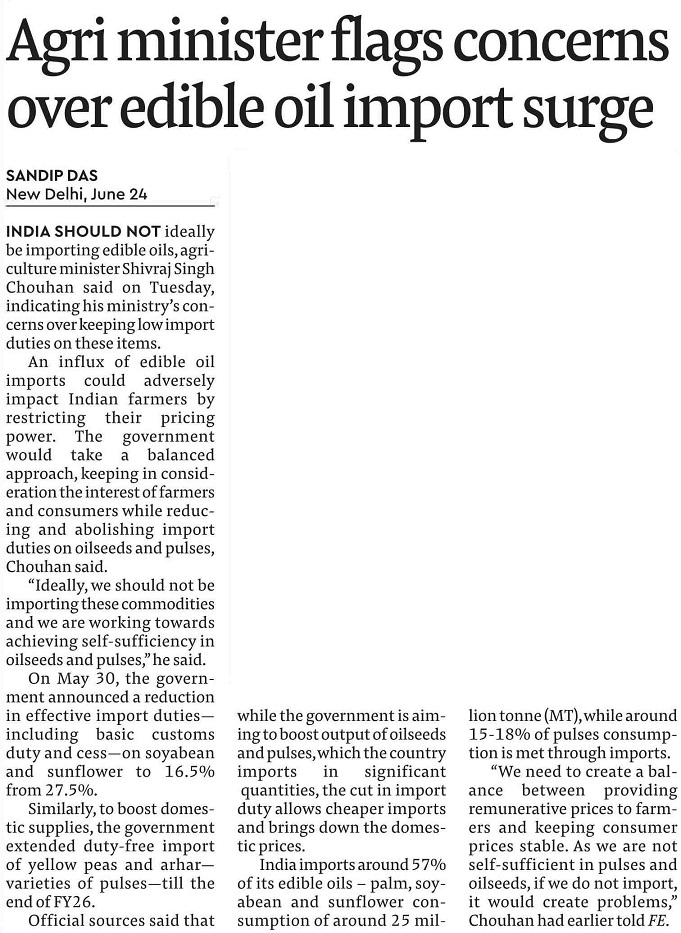 Agri minister flags concerns over edible oil import surge