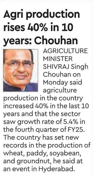 Agri production rises 40% in 10 years: Chouhan
