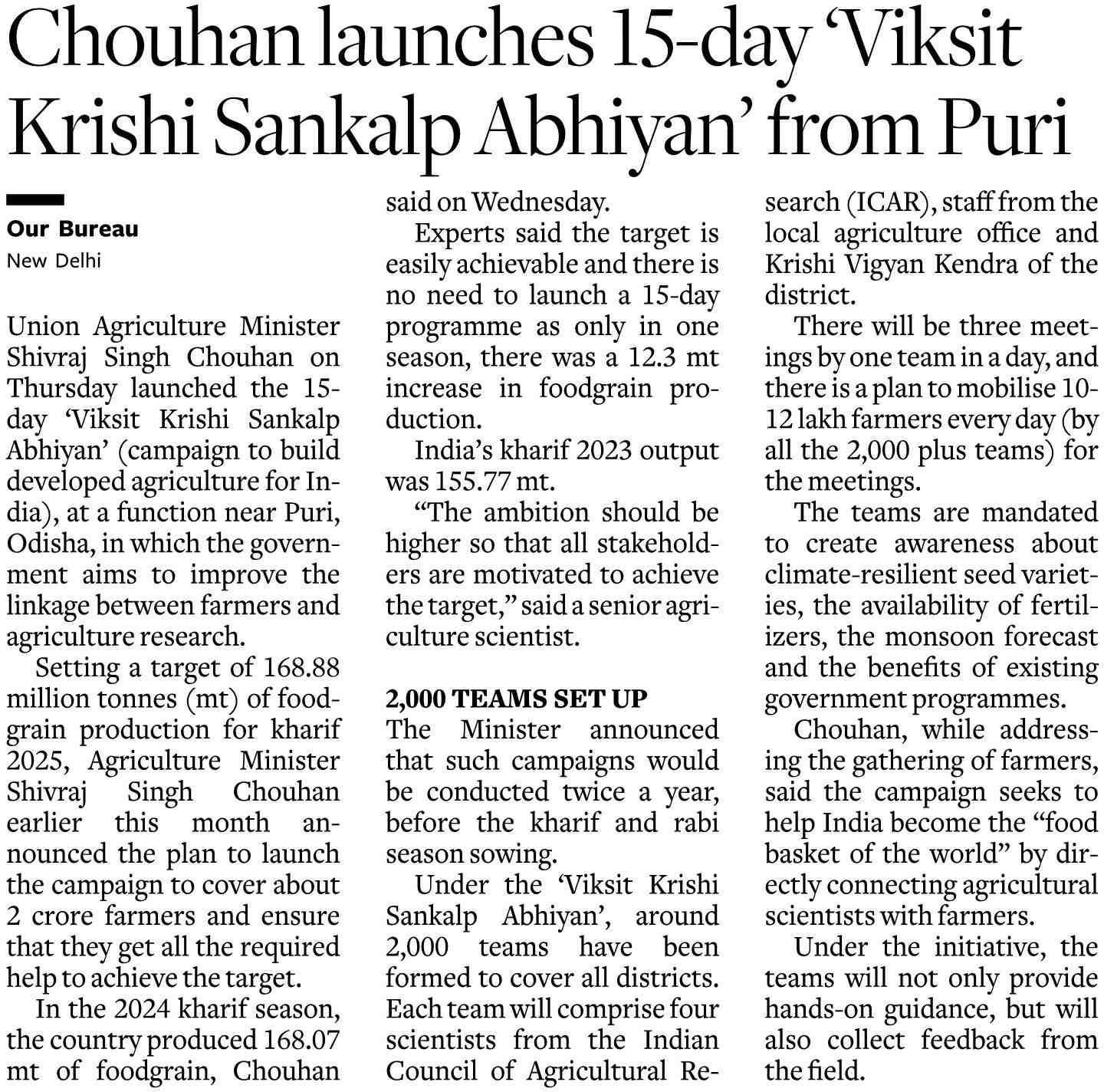 Chouhan launches 15-day 'Viksit Krishi Sankalp Abhiyan' from Puri