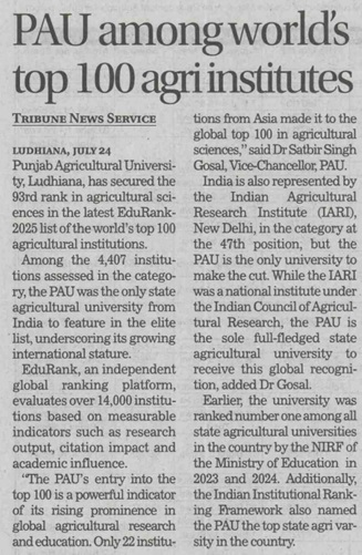 PAU among world's top 100 agri institutes