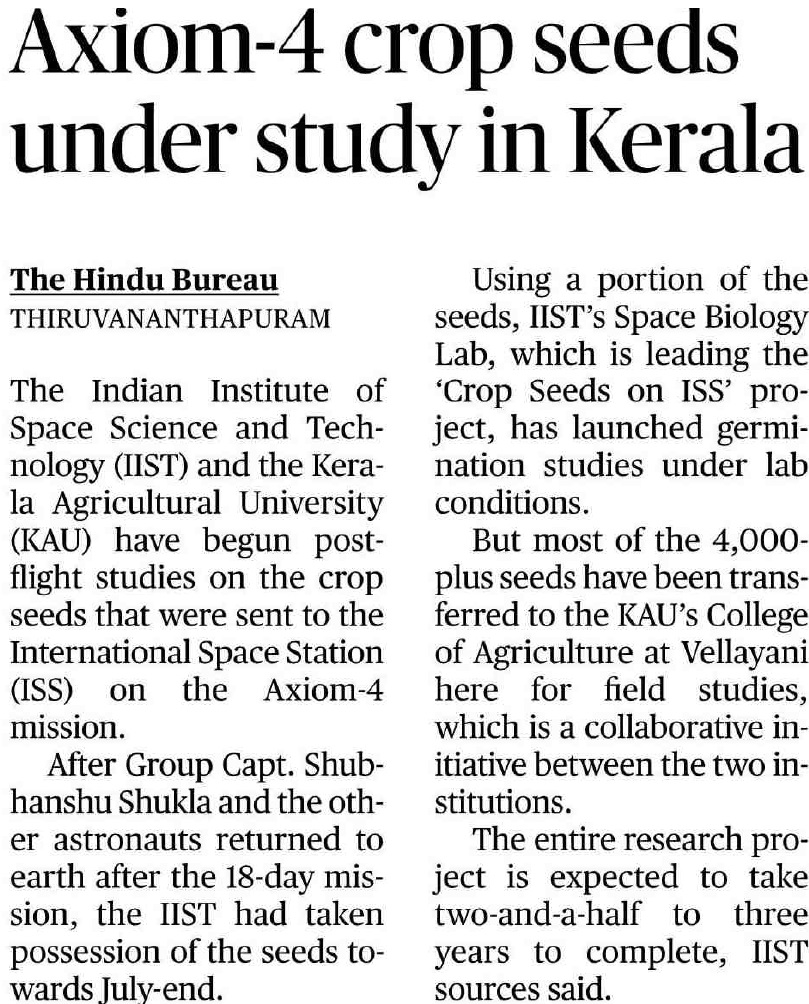Axiom-4 Crop seeds under study in Kerala
