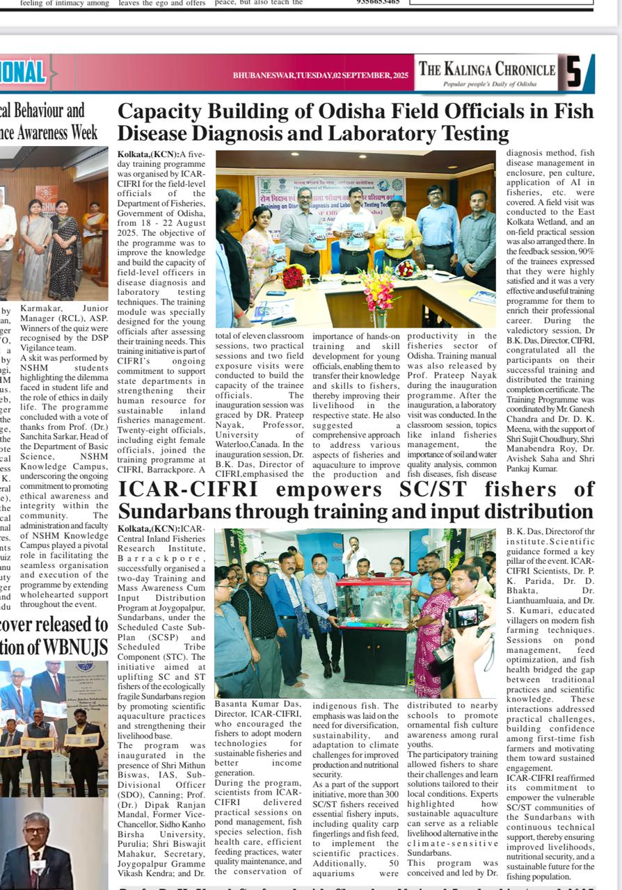ICAR-CIFRI empowers SCST Fisher’s of sundarbans through training and input distribution 