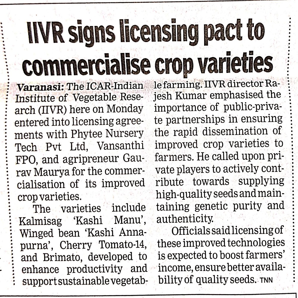 IIVR signs licensing pact to commercialise crop varieties