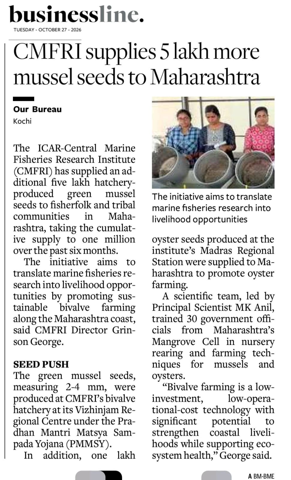 CMFRI supplies 5 lakh more mussel seeds to Maharashtra