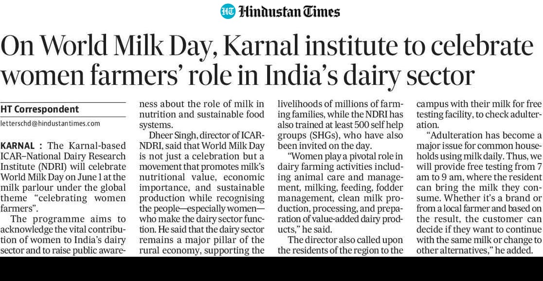On World Milk Day, Karnal institute to celebrate women farmers' role in India's dairy sector